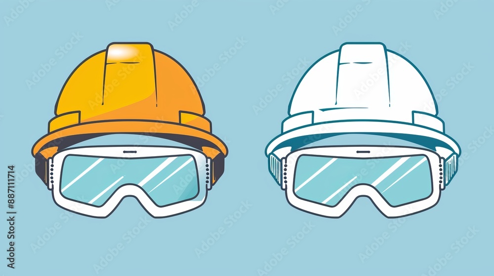 Fototapeta premium An illustrated image showcasing two construction helmets; one yellow and another white, both with attached goggles, highlighting safety equipment used in construction sites in a modern vector style.