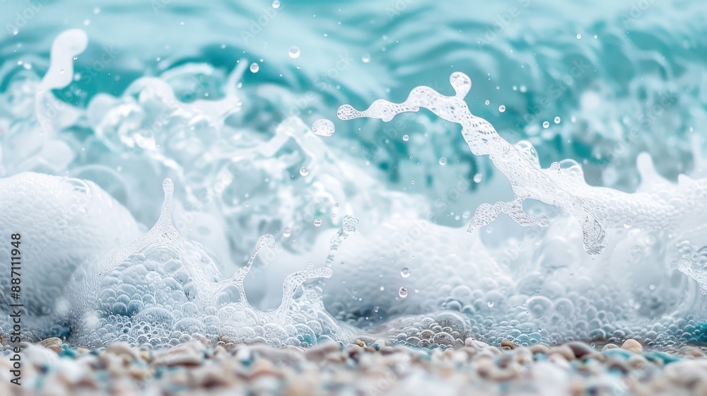 Obraz premium A stunning image capturing the dynamic motion of ocean waves crashing onto a pebble-covered shoreline, with vivid details of the water foam and pebbles in the foreground.