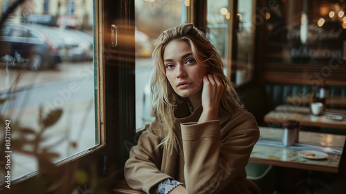 young blonde woman sitting in cafe, scandinavian outfit, fashion photography.generative ai