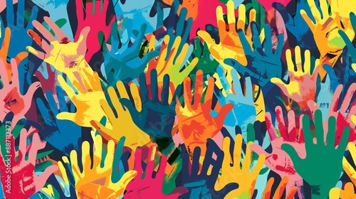 A dynamic and lively image of numerous multicolored handprints overlapping each other, representing diversity, inclusion, and the vibrancy of community and creativity.