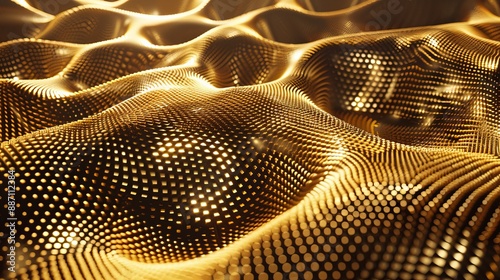 Abstract digital golden wave background, vibrant illuminated dots creating wavy pattern, glowing particles in motion, futuristic design, technology concept