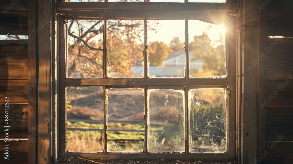 Rural American village view through antique window with sunlight no people Rural American village view through antique window with sunlight no people
