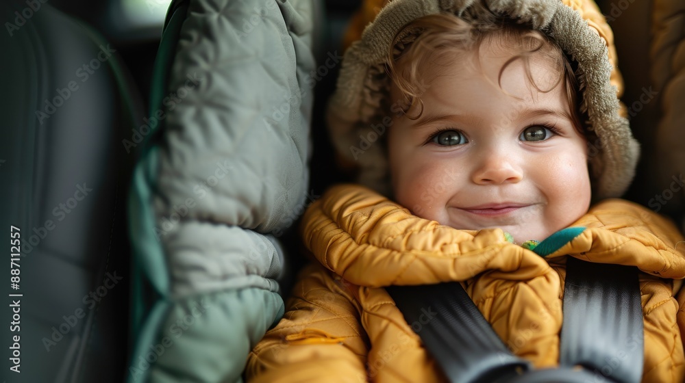 A cheerful baby wearing a warm yellow jacket, sitting happily in a cushioned car seat, with bright eyes and an infectious smile, highlighting joy and warmth. A cheerful baby wearing a warm yellow jacket, sitting happily in a cushioned car seat, with bright eyes and an infectious smile, highlighting joy and warmth.