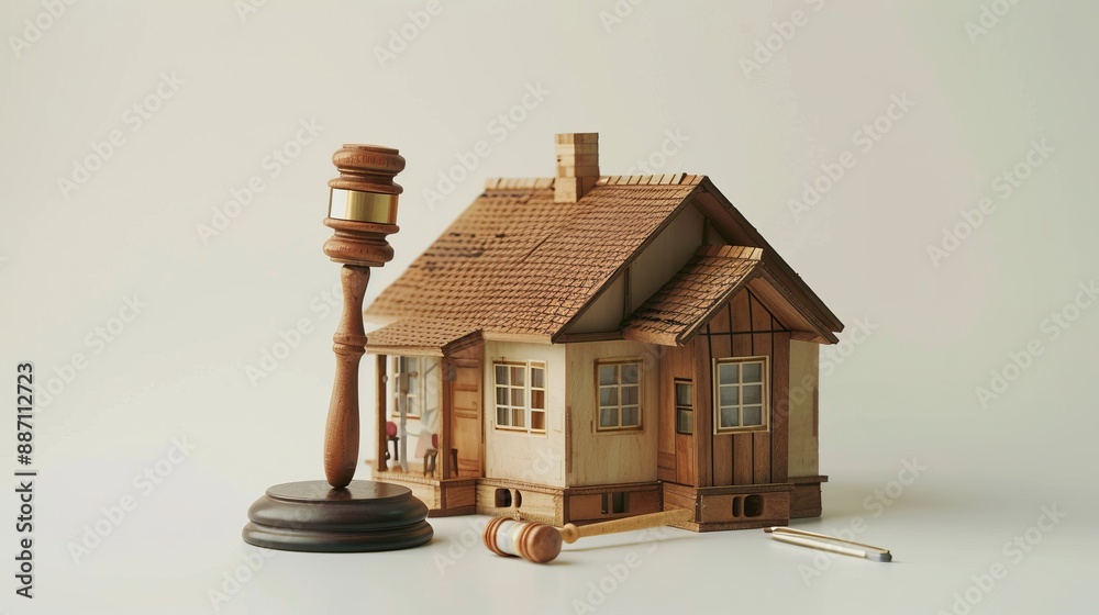 A detailed house model next to a judge’s gavel and a pen, illustrating the legal issues related to property, real estate transactions, and housing laws in a precise manner. A detailed house model next to a judge’s gavel and a pen, illustrating the legal issues related to property, real estate transactions, and housing laws in a precise manner.