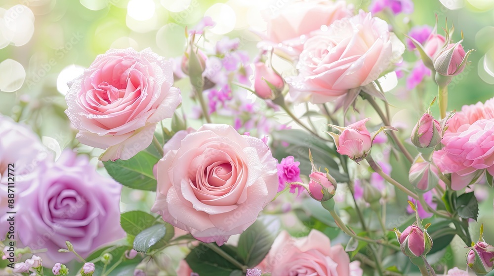 A bouquet of pink and white roses, with green leaves, in front of a blurred background of soft, white, and pink bokeh A bouquet of pink and white roses, with green leaves, in front of a blurred background of soft, white, and pink bokeh
