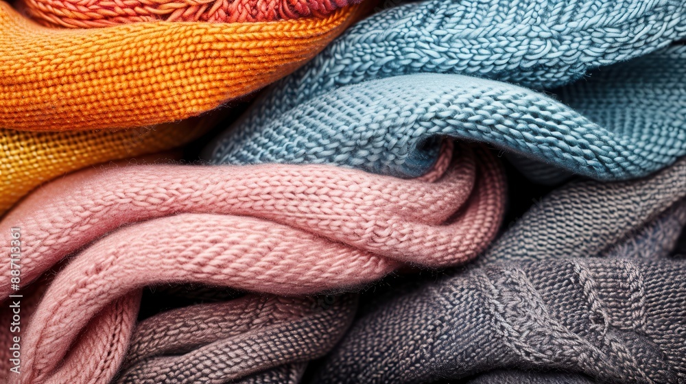 This vibrant image showcases an assortment of knitted fabrics in varied colors and patterns, meticulously arranged to emphasize their rich textures and cozy allure. This vibrant image showcases an assortment of knitted fabrics in varied colors and patterns, meticulously arranged to emphasize their rich textures and cozy allure.