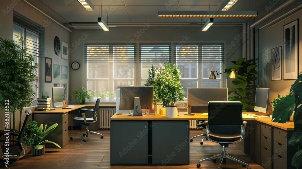 Fototapeta premium Open plan office area full of workstations, computers, chairs, and abundant greenery, designed for team collaboration and an inviting work atmosphere, fostering productivity.