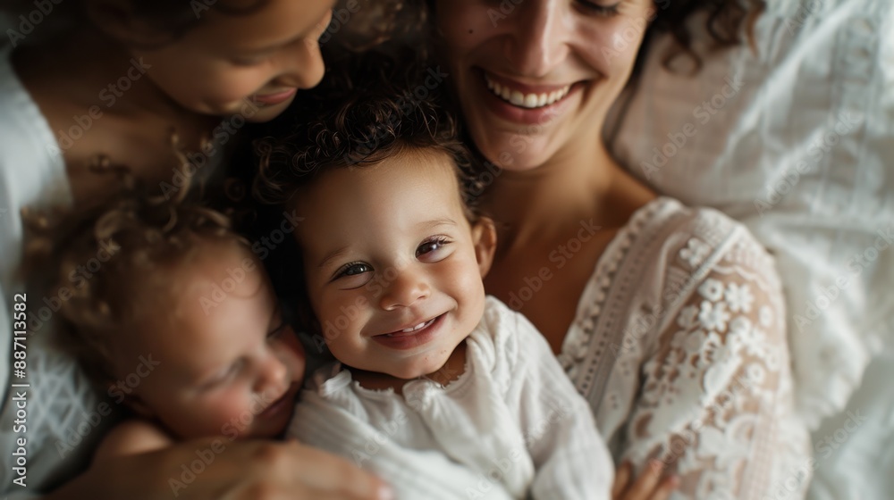 A loving mother and her children smile together while lying in bed, wrapped in a white blanket, radiating warmth, happiness, and the comforting bond of family love. A loving mother and her children smile together while lying in bed, wrapped in a white blanket, radiating warmth, happiness, and the comforting bond of family love.