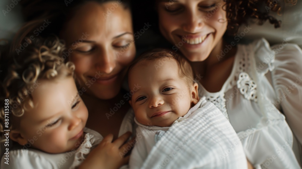 A radiant family scene features smiling parents lying in bed with their newborn baby and older child, capturing a loving, cozy, and joyful moment of togetherness and warmth. A radiant family scene features smiling parents lying in bed with their newborn baby and older child, capturing a loving, cozy, and joyful moment of togetherness and warmth.