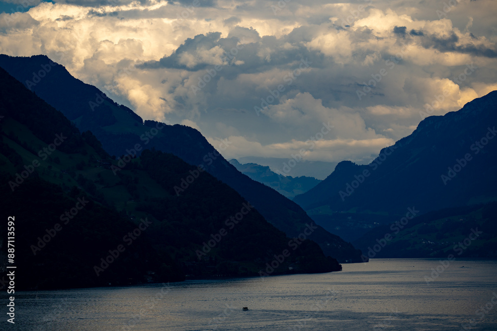 Obraz premium Alpine mountains and like in Switzerland. Alps nature in Switzerland. Swiss Alps. Panoramic of the nature of Switzerland. Nature of Swiss lakes. Switzerland scenic landscape. Nature background.