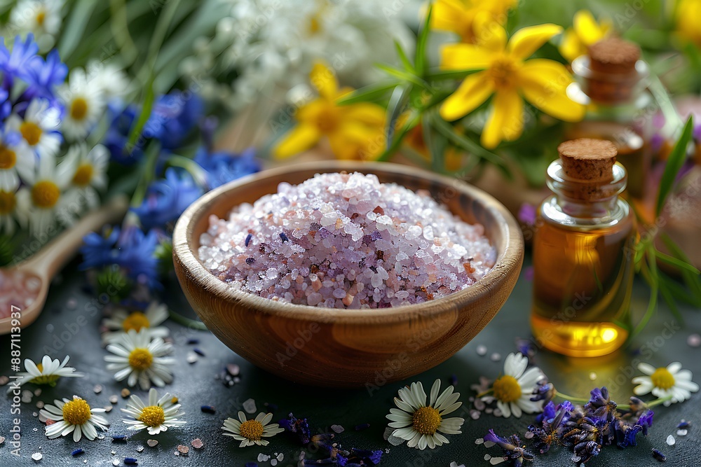 A wooden bowl filled with pink salt next to flowers A wooden bowl filled with pink salt next to flowers