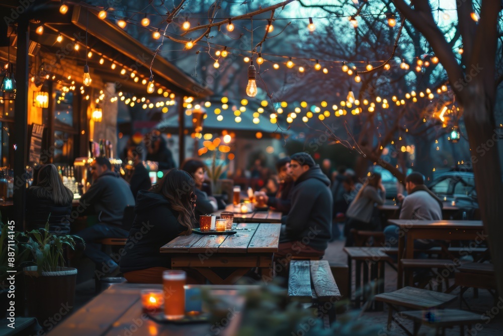 Twilight charm at a cozy outdoor bar with patrons enjoying ambient lit drinks Twilight charm at a cozy outdoor bar with patrons enjoying ambient lit drinks
