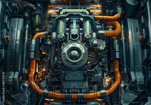 A detailed view of an advanced engine featuring numerous pipes