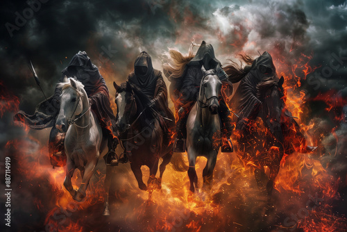 The Four Horsemen of the Apocalypse arriving hooded on horses wielding dangerous weapons photo