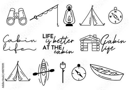 Camping Bundle | Cabin Vacation Icon Set | Vector Adventure Pack | Outdoors Line Art Illustrations