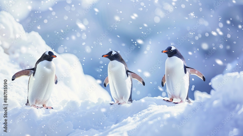 Obraz premium Group of penguins waddling on icy snow.