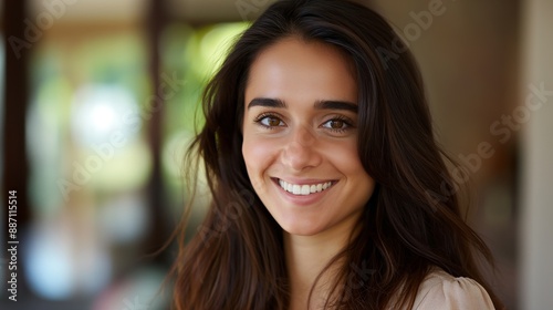 Smiling Italian Young Woman with Long Dark Hair, Casual Indoor Setting, Warm Natural Lighting