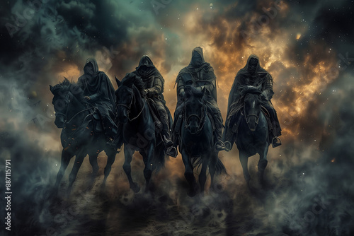 Fotografie The Four Horsemen of the Apocalypse terrifyingly depicted on horses with deadly