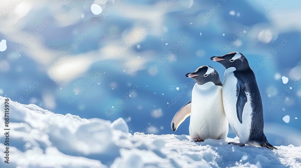 Fototapeta premium Cute penguins walking on a snowy surface.