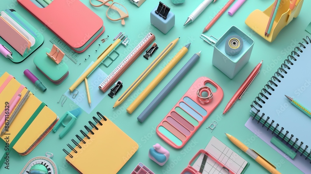An aesthetically pleasing array of stationery items, including notebooks, pens, and paper clips, laid out on a mint-colored surface, perfect for organizing and planning. An aesthetically pleasing array of stationery items, including notebooks, pens, and paper clips, laid out on a mint-colored surface, perfect for organizing and planning.