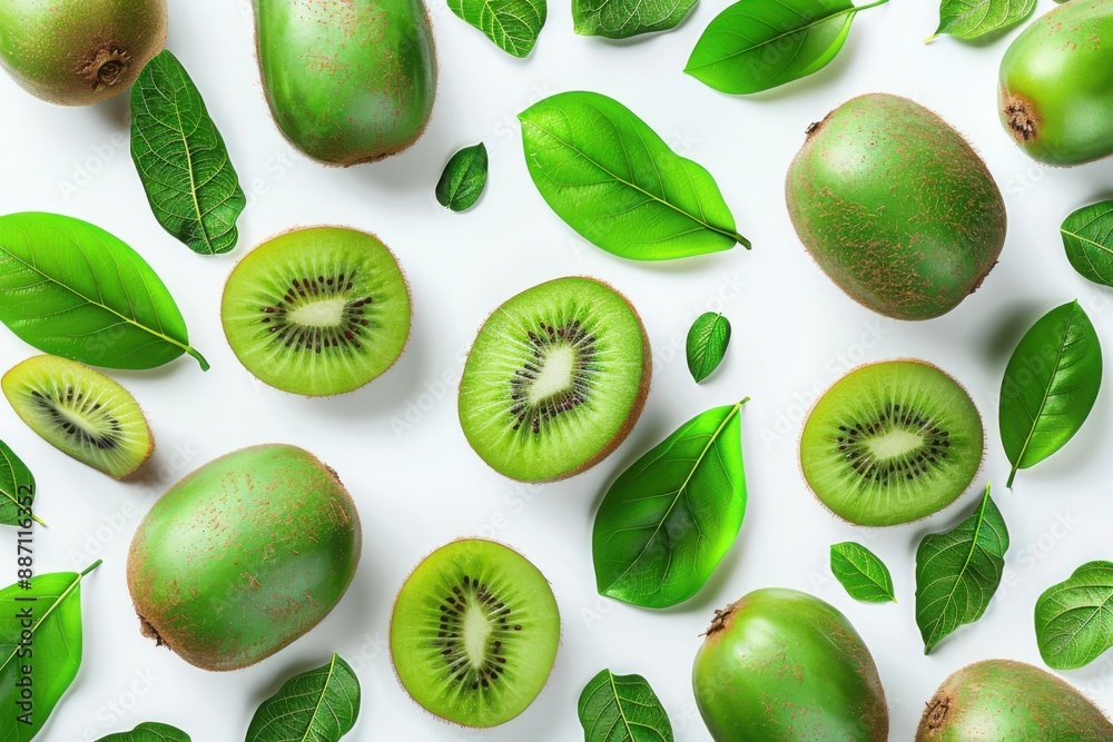 Kiwi with half slices falling or floating in the air with green leaves isolated on background, Fresh organic fruit with high vitamins and minerals.
