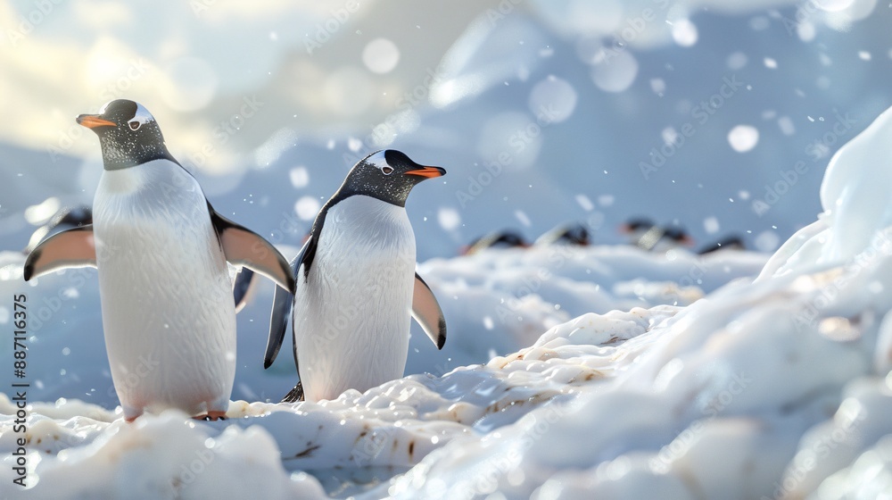 Fototapeta premium A group of penguins with snowy scenery around them.