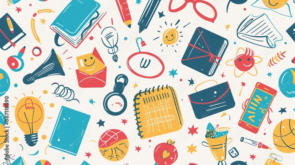 An illustration featuring various school supplies like notebooks, pens, and books, along with cheerful doodles such as sun, smiley faces, and stars, on a light background. An illustration featuring various school supplies like notebooks, pens, and books, along with cheerful doodles such as sun, smiley faces, and stars, on a light background.