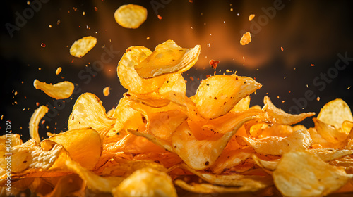 delicious potato chips with spices fly through the air (Generative AI)