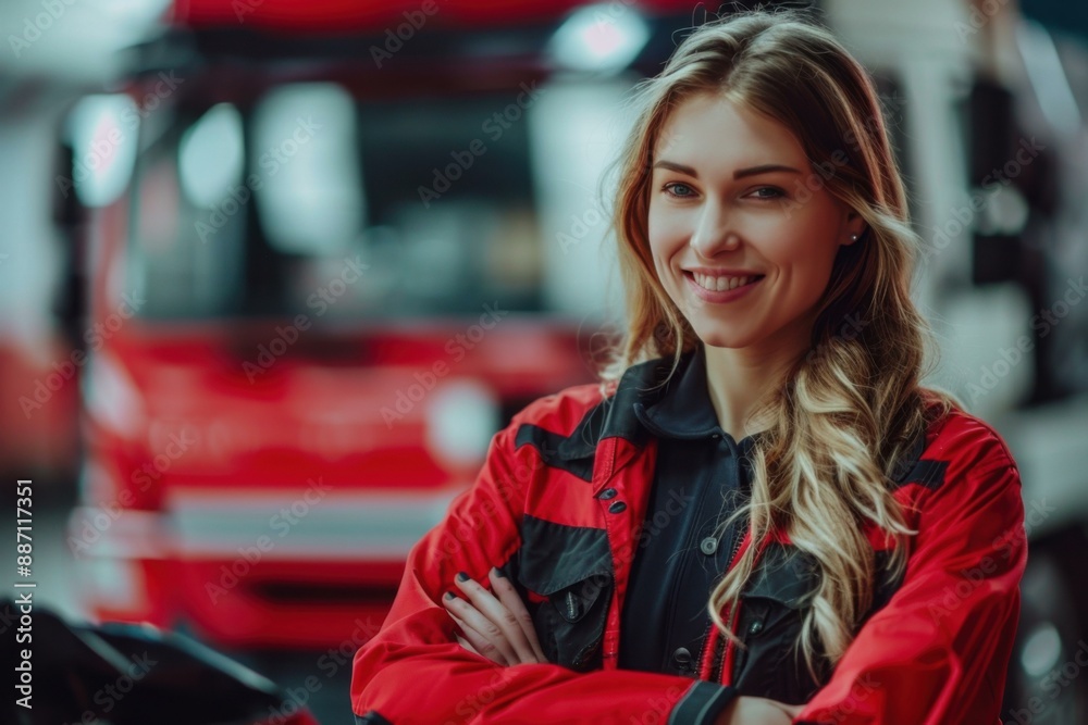Smiling Female Mechanic in Red Uniform - Automotive Repair & Service Industry