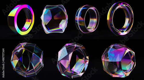 "3D render of a glass or crystal ring viewed from different angles. Abstract geometric shape with a holographic gradient texture, showcasing an isolated glossy iridescent object, perfect for graphic i © Mahmud