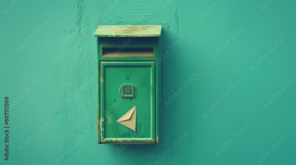 Green letterbox with protruding envelope against blue backdrop Green letterbox with protruding envelope against blue backdrop