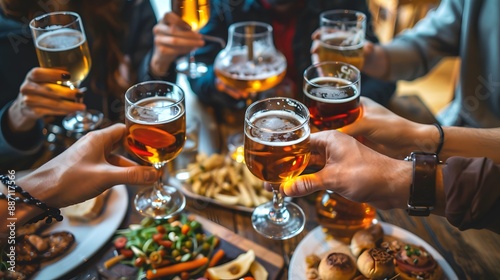 Group of people drinking alcohol and eating appetizers sitting at cocktail bar - Friends enjoying happy hour at brewery pub restaurant - Food and beverage life style concept 