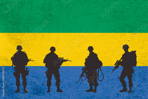 Gabonese flag and silhouettes of soldiers. Military coup concept. photo