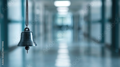 This image depicts a metal bell hanging in an empty corridor of a building, possibly evoking themes of silence, solitude, and anticipation within the empty space. photo