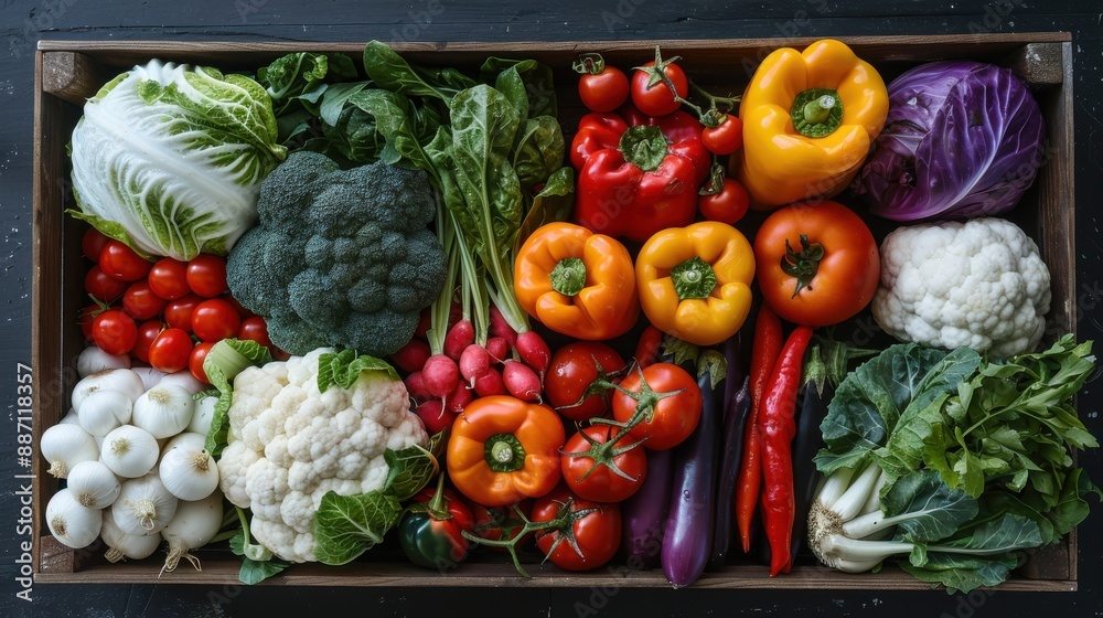 A rustic wooden crate beautifully filled with a variety of fresh vegetables including peppers, tomatoes, radishes, and greens, representing the harvest and healthy eating. A rustic wooden crate beautifully filled with a variety of fresh vegetables including peppers, tomatoes, radishes, and greens, representing the harvest and healthy eating.