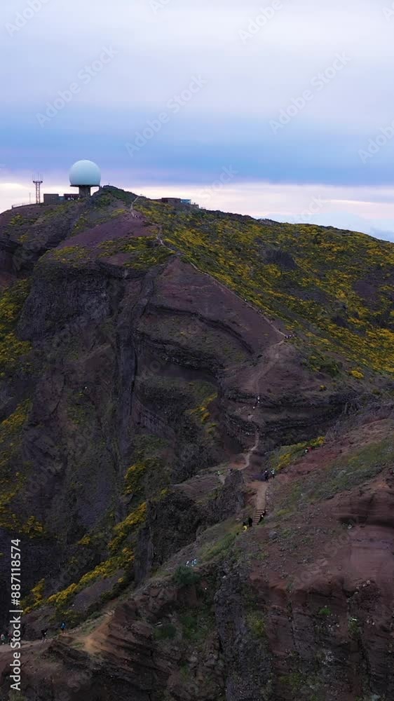 Pico do Arieiro in the Morning. Tourists on Trail. Aerial Drone Shot. Madeira, Portugal. Moving Forward. Vertical Video Pico do Arieiro in the Morning. Tourists on Trail. Aerial Drone Shot. Madeira, Portugal. Moving Forward. Vertical Video