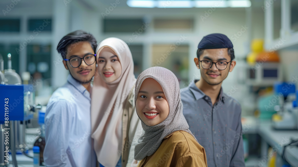 group of indonesian young and attractive university students wearing casual cloth, business laboratory tour, business room background.generative ai group of indonesian young and attractive university students wearing casual cloth, business laboratory tour, business room background.generative ai