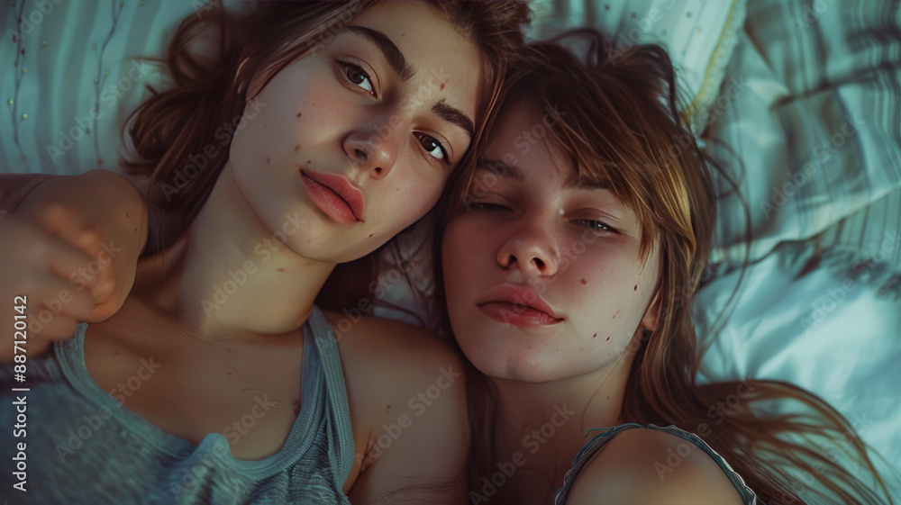 young women, intimidating, intense, sleepover, wideangle view, hugging,generative ai young women, intimidating, intense, sleepover, wideangle view, hugging,generative ai