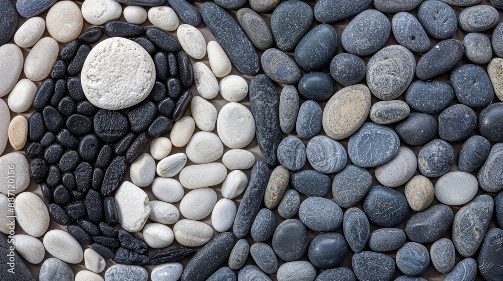 A Zen meditation background with stones arranged in a Yin Yang symbol, which stands for spiritual harmony, balance, and relaxation A Zen meditation background with stones arranged in a Yin Yang symbol, which stands for spiritual harmony, balance, and relaxation