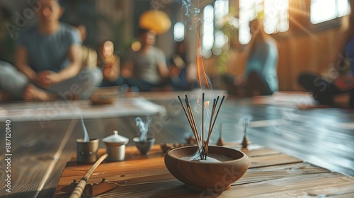 Using aromatic incense sticks on a wooden stand while people meditate in the background symbolizes yoga and meditation therapy aimed at relieving stress and promoting relaxation photo