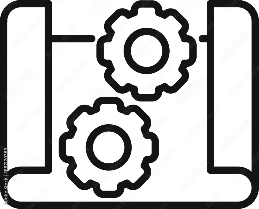 Line icon of two cogwheels on a blueprint, representing the concept of project development