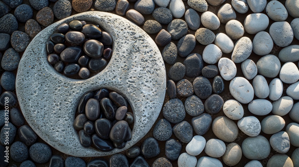 A Zen meditation background with stones arranged in a Yin Yang symbol, which stands for spiritual harmony, balance, and relaxation A Zen meditation background with stones arranged in a Yin Yang symbol, which stands for spiritual harmony, balance, and relaxation
