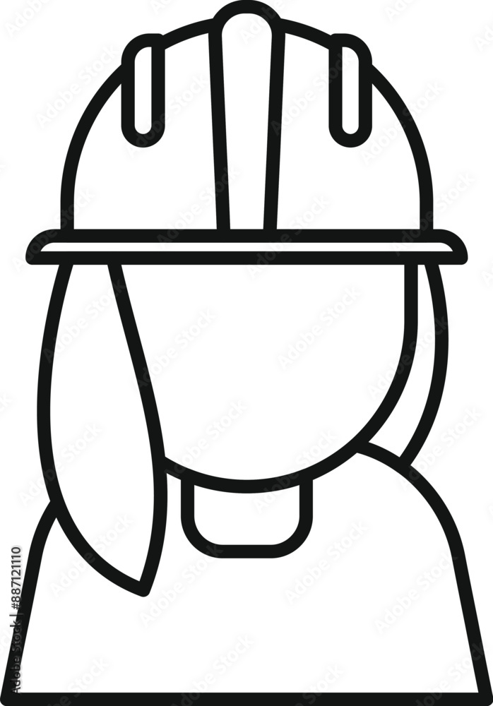 Line drawing of a female construction worker wearing a hard hat for safety Line drawing of a female construction worker wearing a hard hat for safety