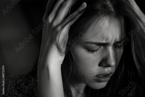 Grayscale close-up of a woman looking distressed, head in hands, with eyes closed, expressing deep sorrow or frustration. © StockUp