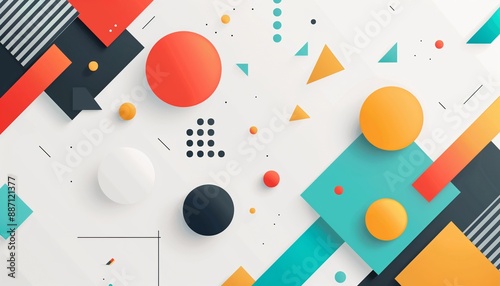 A colorful and dynamic geometric abstract featuring various shapes and patterns in a playful and vibrant style.