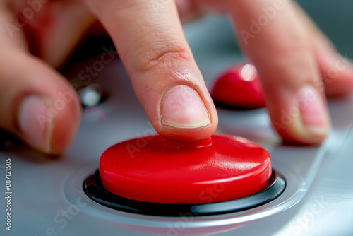 Close-up of a finger pressing a large, bright red button on a modern control panel, indicating action or urgency.