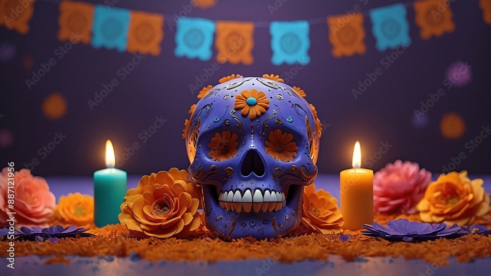 3d Digital illustration commemorating the Day of the Dead, with a decorated sugar skull as the central focus. The background is a warm orange color with scattered marigold petals. 3d Digital illustration commemorating the Day of the Dead, with a decorated sugar skull as the central focus. The background is a warm orange color with scattered marigold petals.