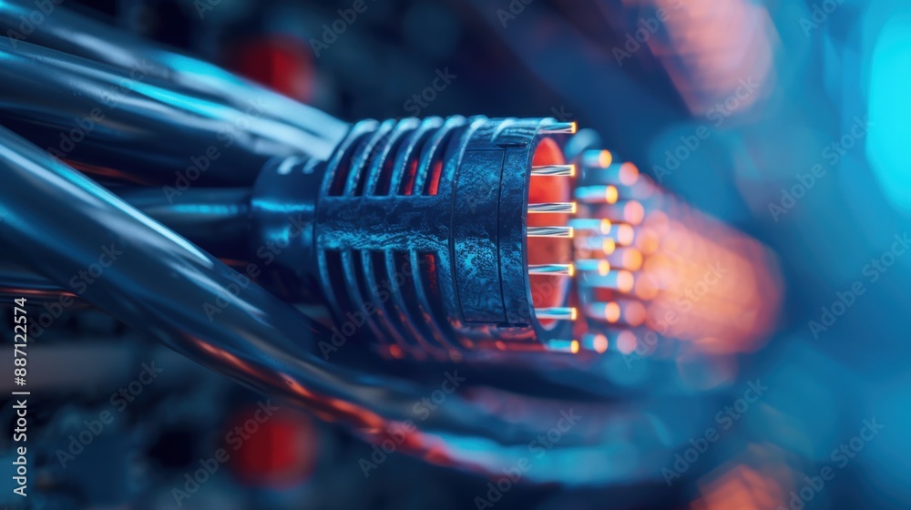 A close-up image capturing the details of an advanced fiber optic cable connection, with multiple cables connected in a structured setup and illuminated by LED lights. A close-up image capturing the details of an advanced fiber optic cable connection, with multiple cables connected in a structured setup and illuminated by LED lights.