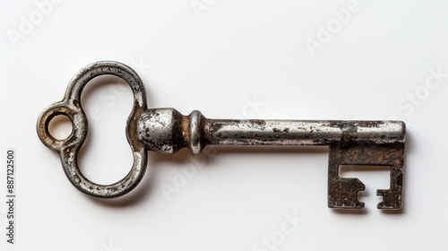 Modern specialized key showing signs of wear and tear in studio shot on white background