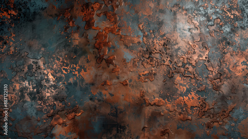 Abstract grunge background with copper texture, metallic rust and steel surface. A dark concrete wall with a metal rough effect